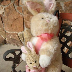 Vintage BIG Easter Bunny w Baby in Egg Basket Plush Animal Toy 24" E&J Classics